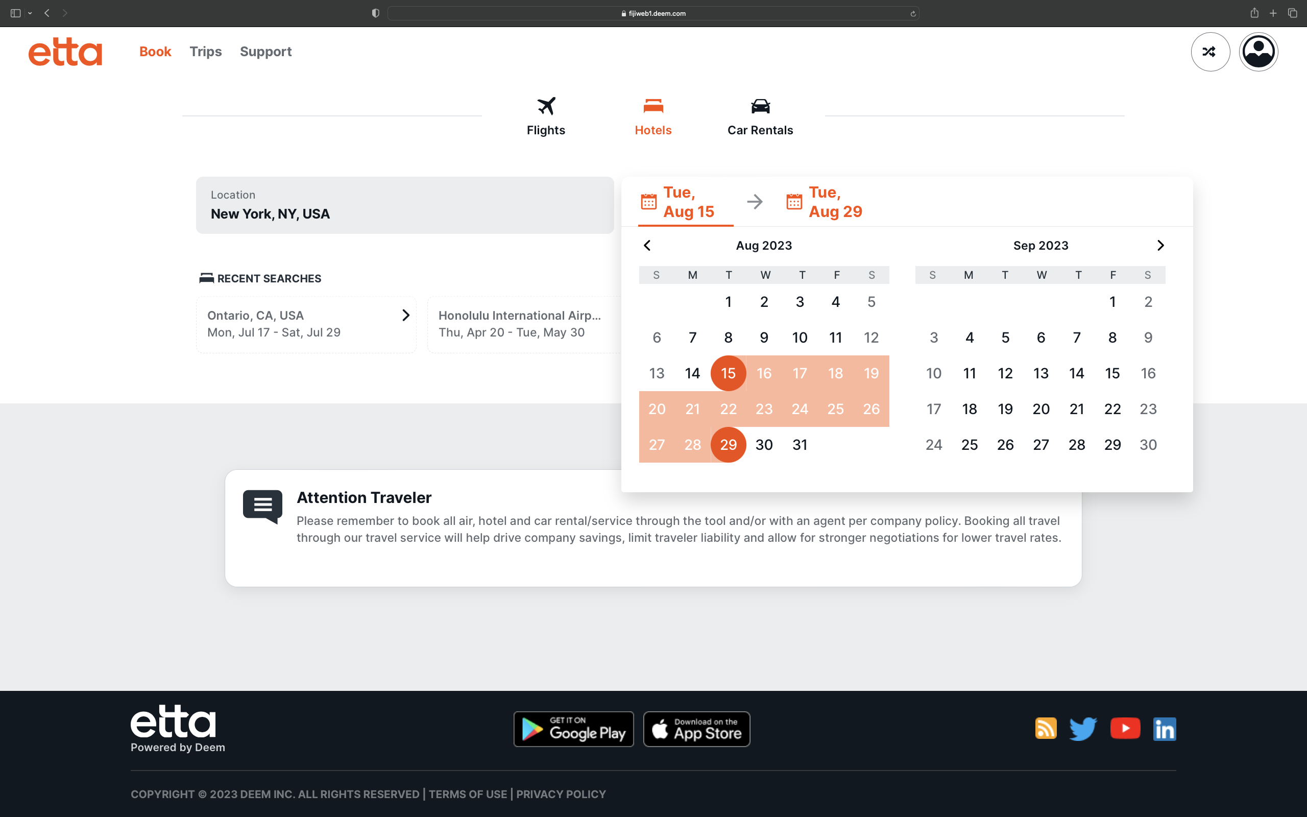 Hotel search calendar