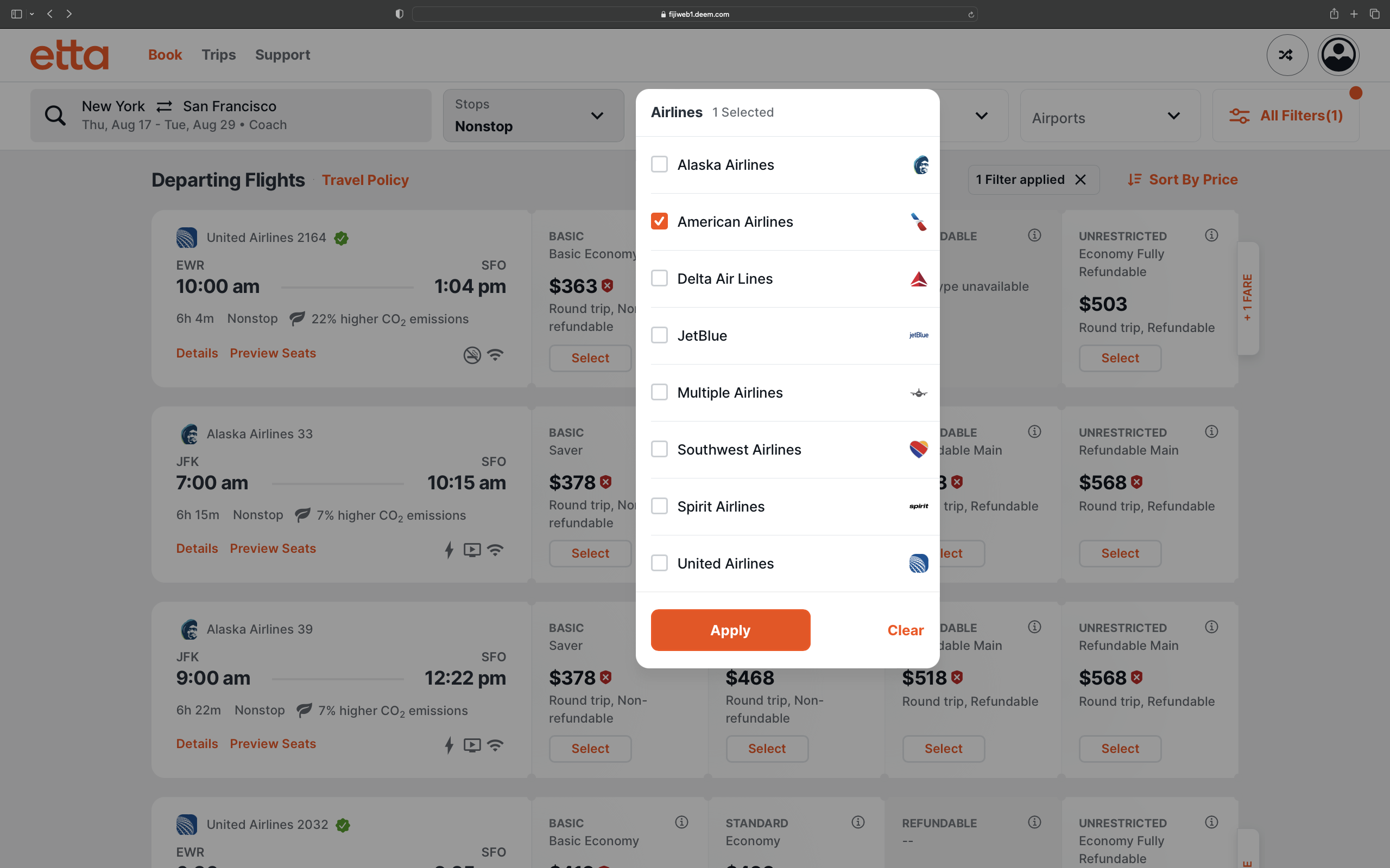 Flight search results, airline filter