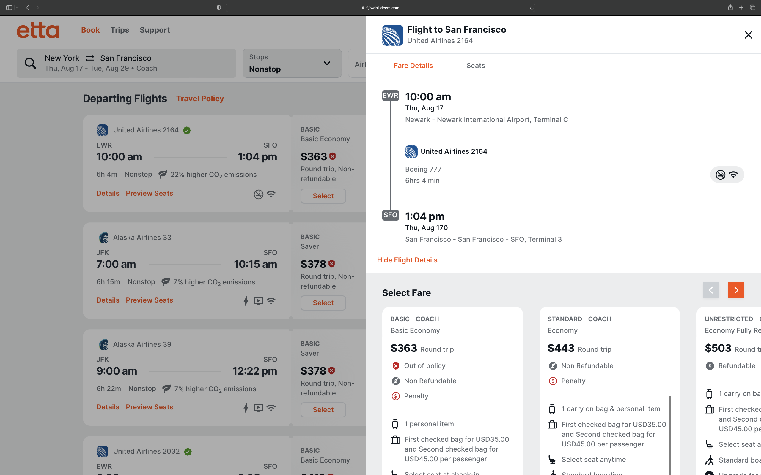 Flight search results with details expanded